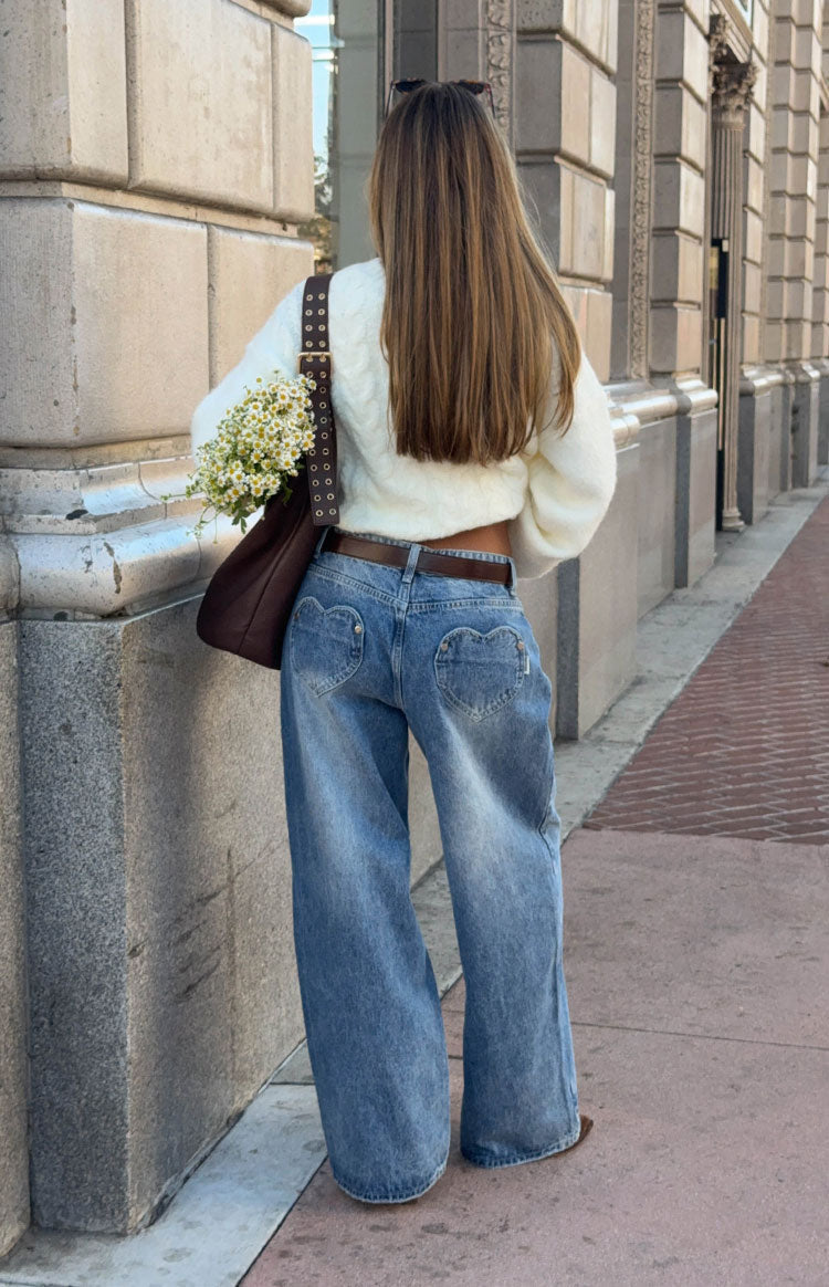 Lovers Lane Mid Wash Denim Heart Pocket Slouchy Jeans Image