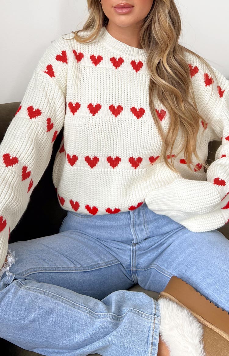 Beginning Boutique Lovey Red Heart Stripe Jumper cream chunky knit jumper with red heart pattern and ribbed cuffs