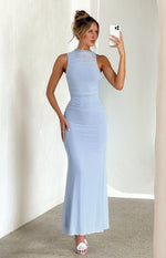 Full length view of a lilac bodycon maxi dress with a sheer mesh high neck, ruched sides, and a flared hem