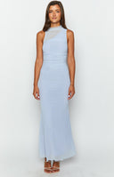 Beginning Boutique Luca Lilac Maxi Dress lilac ribbed knit maxi dress with sheer mesh overlay, ruffled mock neck, and ruched detail