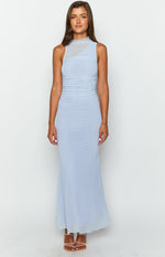 Front view of a lilac ribbed maxi dress with a high neck and sheer mesh one-shoulder detail, featuring ruched sides