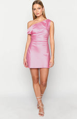 Pink satin mini dress with a draped one-shoulder neckline and a fitted waist