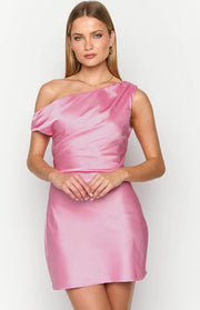 Pink satin mini dress with a one-shoulder neckline and draped detail on the bodice