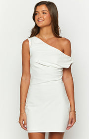 Front view of a white one-shoulder mini dress with a draped neckline detail