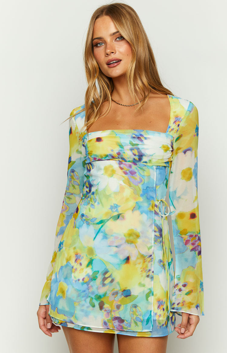 Beginning Boutique Lucy Blue Floral Long Sleeve Mini Dress blue and yellow floral print square neck long sleeve mini dress with ruched bust and wrap tie