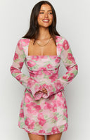 Beginning Boutique Lucy Pink Floral Print Long Sleeve Mini Dress pink floral print square neck long sleeve mini dress with ruched bodice and side tie