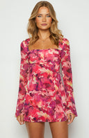 Beginning Boutique Lucy Pink Print Long Sleeve Mini Dress pink abstract floral print square neck long sleeve mini dress with side ties