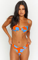 Beginning Boutique 9.0 Swim Luella Orange Floral Bikini Bottoms orange with blue floral print V-cut high-leg bikini bottoms