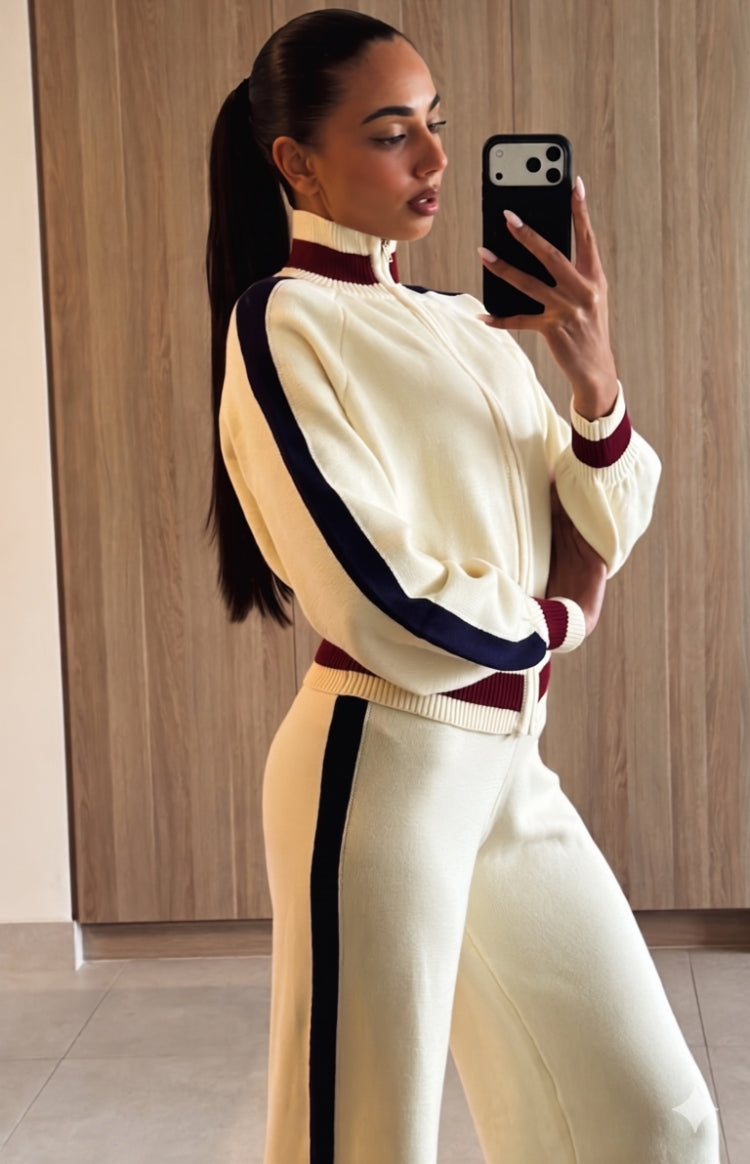 Beginning Boutique Luna Cream Knit Jacquard Track Pants cream knit jacquard wide-leg track pants with a dark side stripe