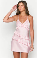 Beginning Boutique Lydia Pink Mini Dress pink satin V-neck mini dress with spaghetti straps and tiered ruffles