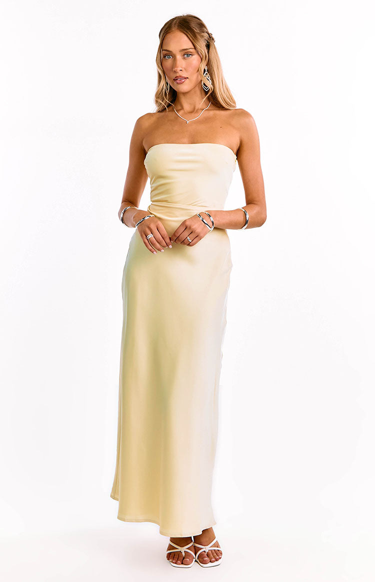 Beginning Boutique Maddix Yellow Strapless Formal Maxi Dress light yellow strapless satin maxi dress with a fitted bodice and flowy skirt