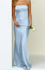 Full length view of a light blue strapless satin maxi dress with a layered bodice detail