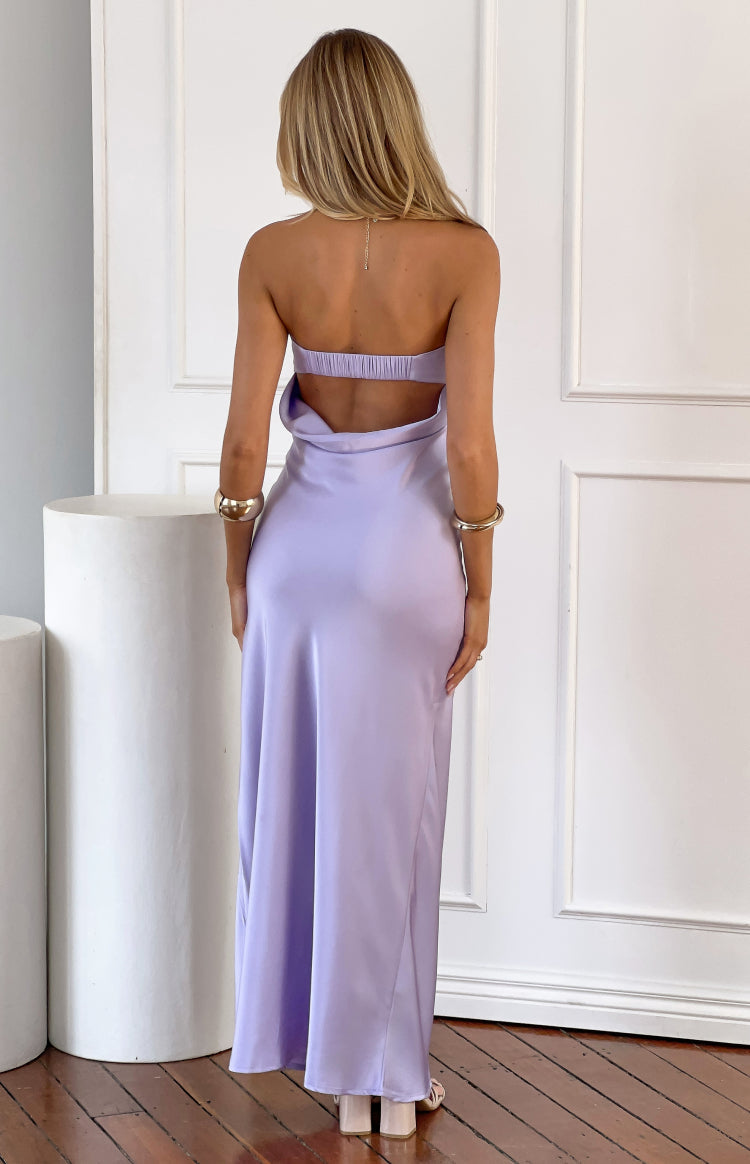 Rear view of a lilac satin maxi dress with a strapless shirred back band and draped open back
