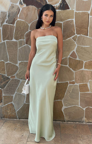Beginning Boutique Maiah Sage Maxi Dress sage strapless satin maxi dress with pleated bust detail