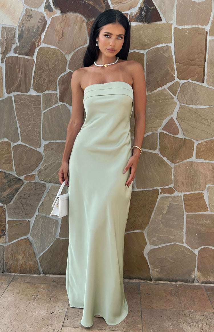 Beginning Boutique Maiah Sage Maxi Dress sage strapless satin maxi dress with pleated bust detail