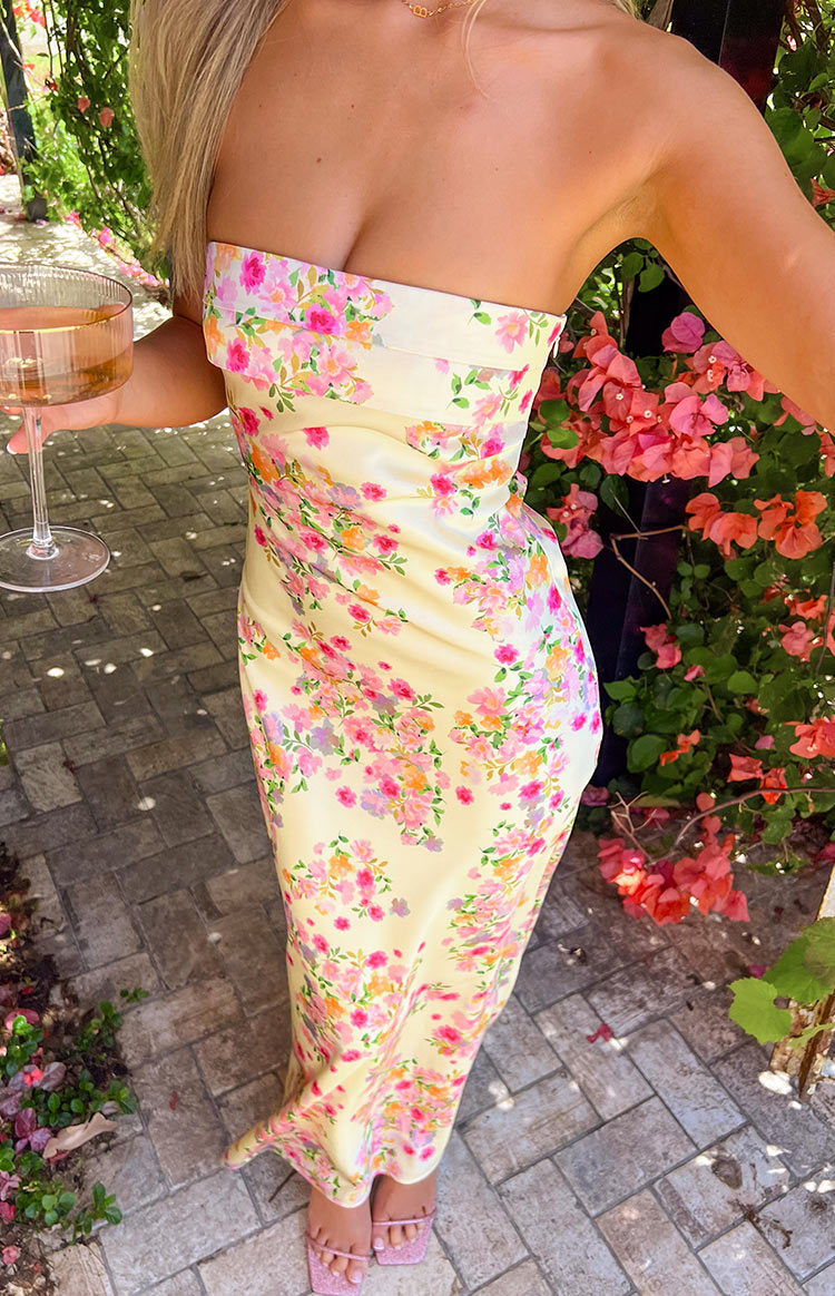 Beginning Boutique Maiah Yellow Bloom Maxi Dress light yellow floral print strapless satin maxi dress with a fitted bodice
