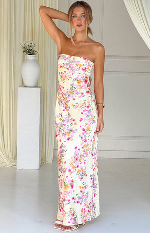 Beginning Boutique Maiah Yellow Bloom Maxi Dress yellow floral satin strapless maxi with side slit