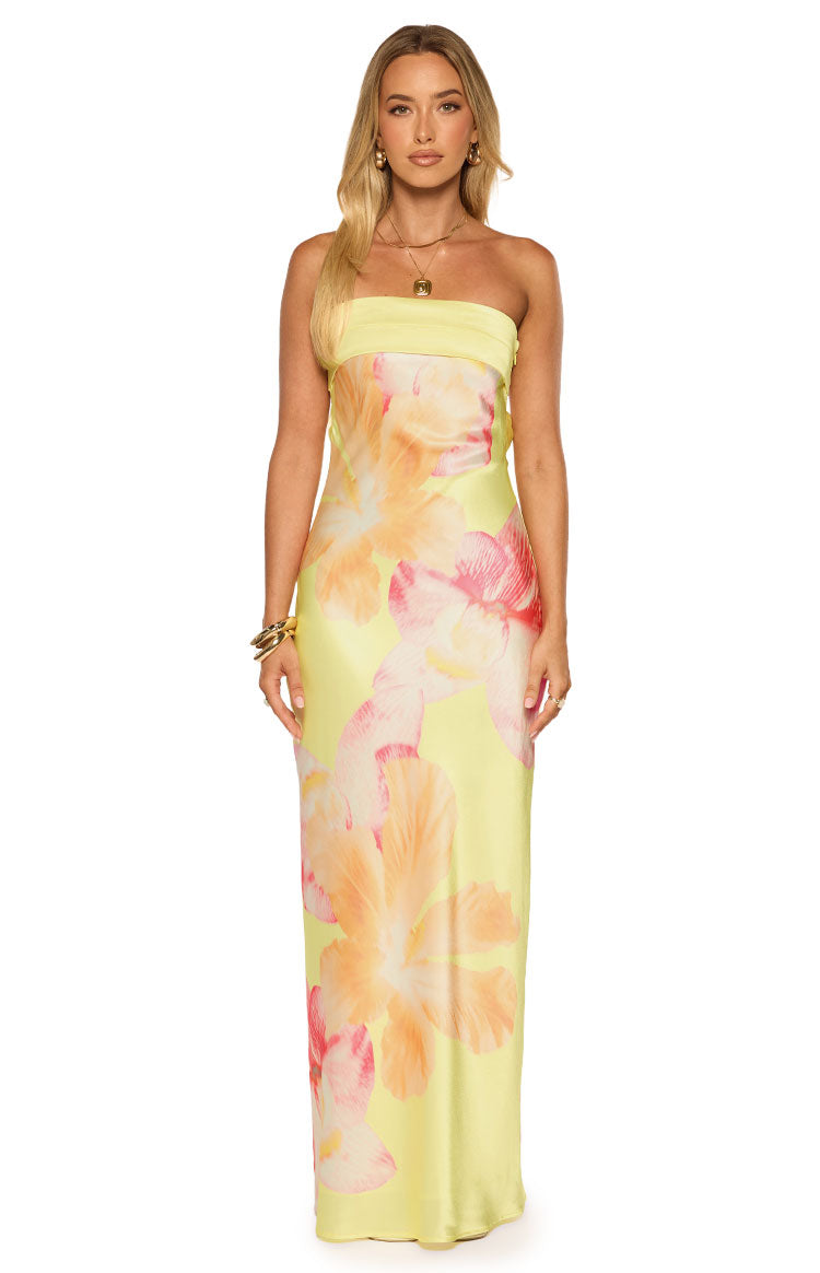 Maiah Yellow Hibiscus Floral Print Maxi Dress Image