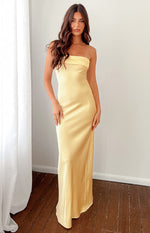 Beginning Boutique Maiah Yellow Maxi Dress yellow satin strapless maxi dress with folded bust detail and fitted silhouette