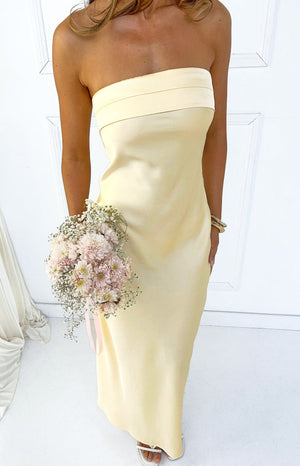 Beginning Boutique Maiah Yellow Maxi Dress pale yellow satin strapless maxi dress with a pleated bandeau bust