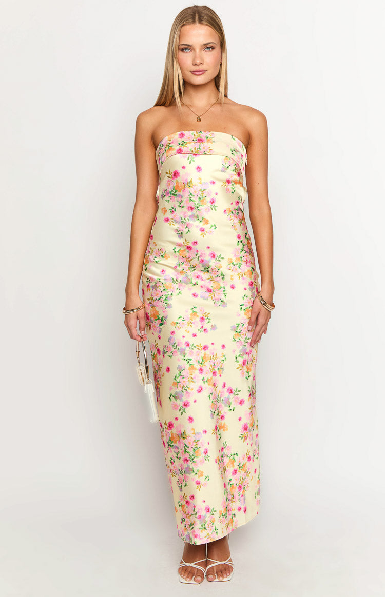 Yellow strapless bodycon maxi dress with an all-over pink and orange floral bloom pattern