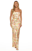 Beginning Boutique Maiah Yellow Bloom Maxi Dress light yellow floral print strapless satin maxi dress with a fitted bodice