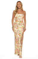 Beginning Boutique Maiah Yellow Bloom Maxi Dress yellow floral satin strapless maxi with side slit