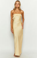 Beginning Boutique Maiah Yellow Maxi Dress pale yellow satin strapless maxi dress with a pleated bandeau bust