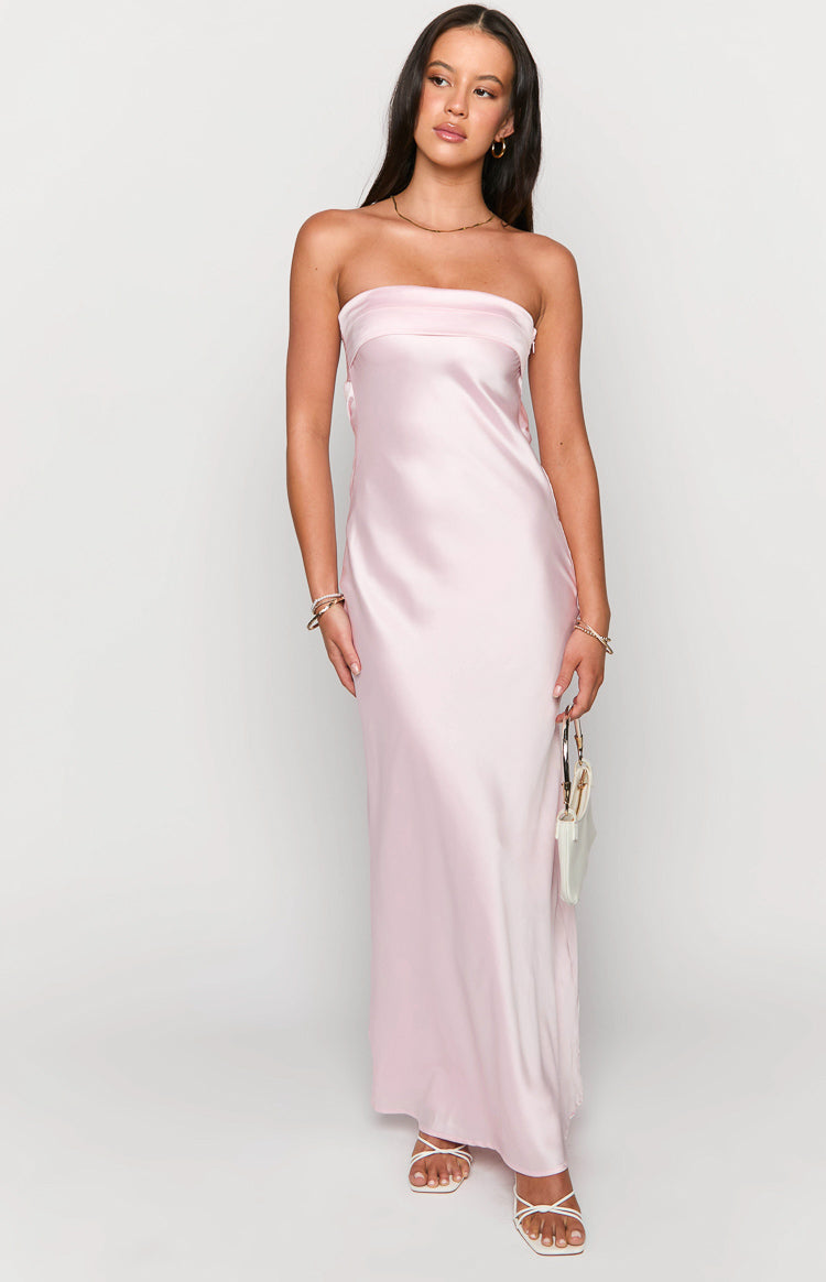 Light pink strapless satin maxi dress with a straight, flowing silhouette