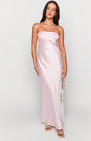 Beginning Boutique Maiah Light Pink Maxi Dress light pink strapless satin maxi dress with a bandeau neckline and fitted silhouette