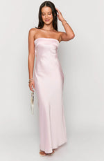 Front view of a light pink strapless satin maxi dress with a folded bust and flowing skirt