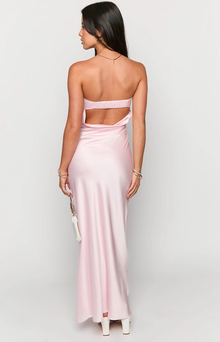 Rear view of a light pink strapless maxi dress with an elasticated back band and large cut-out detail