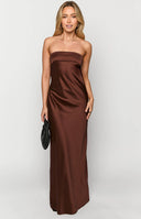 Beginning Boutique Maiah Brown Maxi Dress brown strapless bandeau satin maxi dress with a fitted bodice and flowing skirt