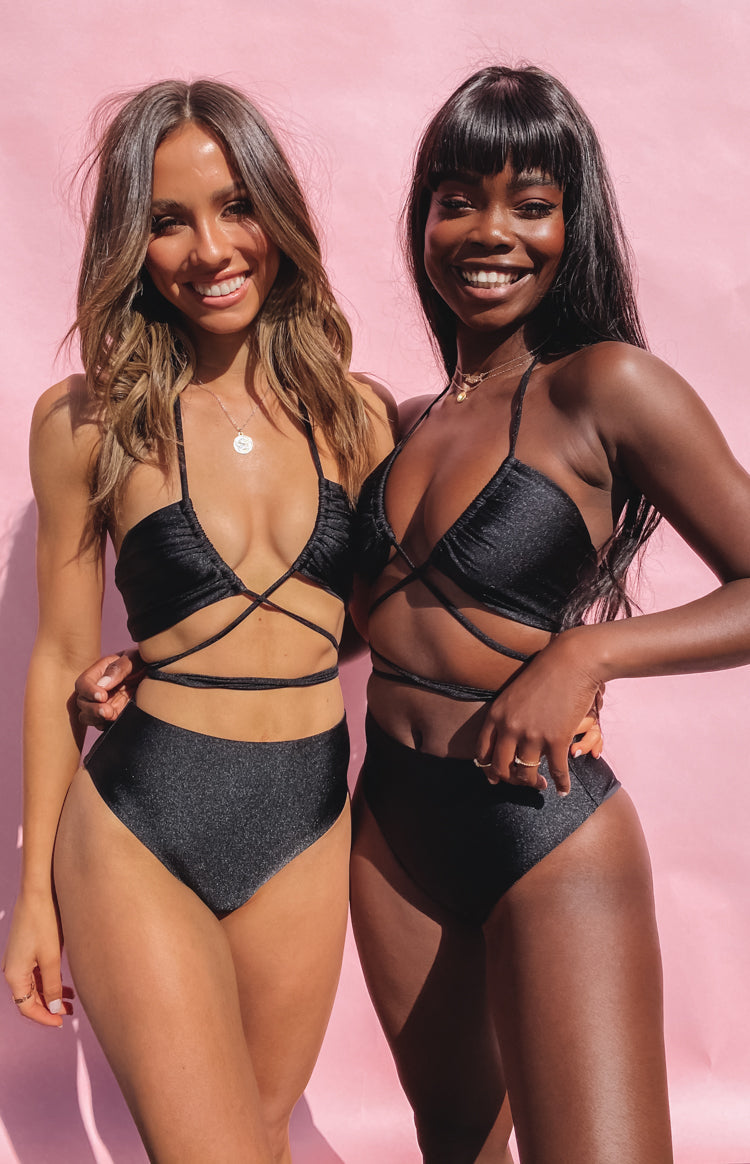 Shimmering metallic black high-waisted bikini bottoms with a high-cut leg