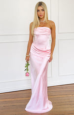 Front view of a pink satin strapless maxi dress featuring a draped neckline, corset bodice, and ruched hip