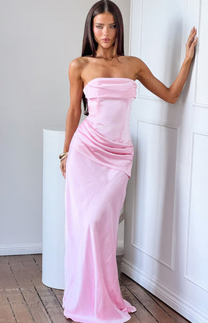 Beginning Boutique Malorie Pink Satin Strapless Maxi Dress pink satin strapless maxi with folded bandeau neckline and ruched