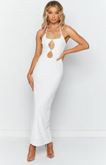 Fitted white textured maxi dress featuring a halter square neckline and midriff cutouts