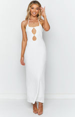 White textured maxi dress featuring a halter neckline and two distinct oval cutouts on the front