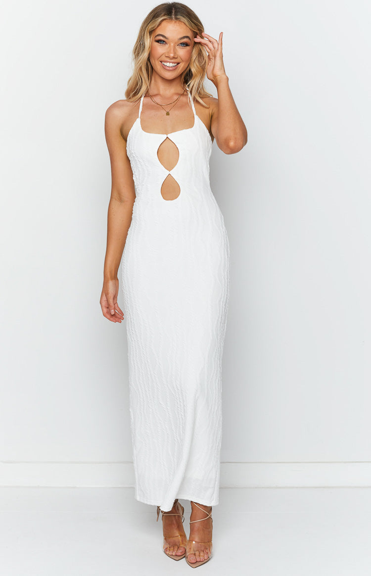 White textured maxi dress featuring a halter neckline and two distinct oval cutouts on the front