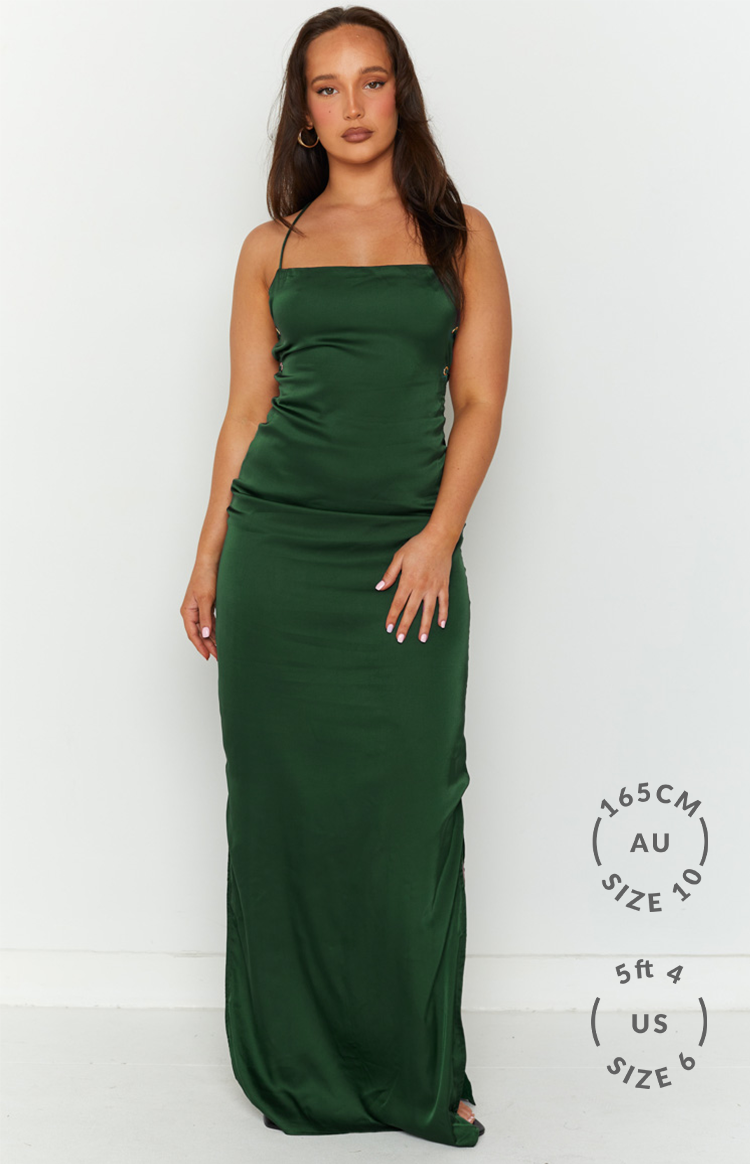 Emerald green satin maxi slip dress with a straight neckline and delicate side lacing detail