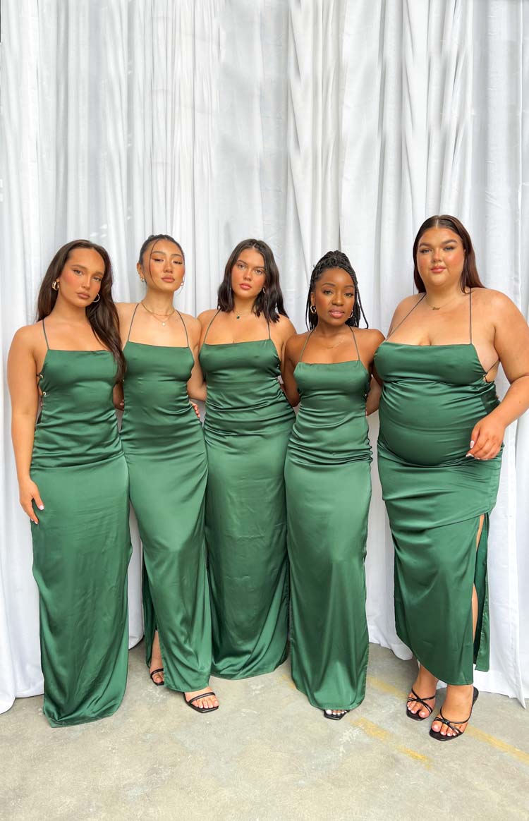 Emerald green satin formal dress with a criss-cross lace-up back and a high side slit