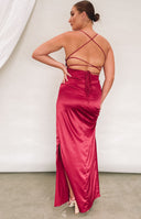 Wine Manhattan Slip Formal Dress in satin with a low criss-cross lace-up back and a high side slit