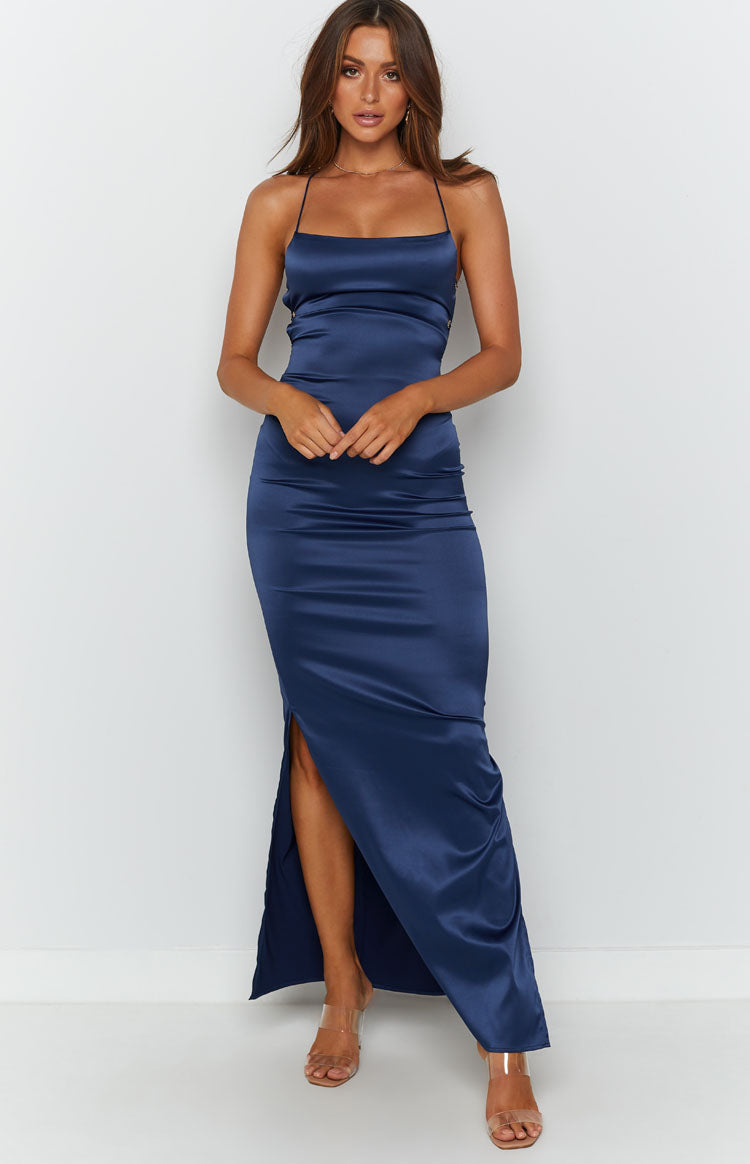 Midnight blue satin maxi slip dress with a straight neckline and high thigh split
