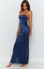 Square neck midnight blue satin formal dress with thin straps, lace-up side cutouts, and a high leg split