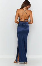 Midnight blue satin maxi dress with a low criss-cross tie-back and high side slit