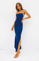 Midnight blue square neck maxi dress with thin straps, side ruching, and a high thigh split
