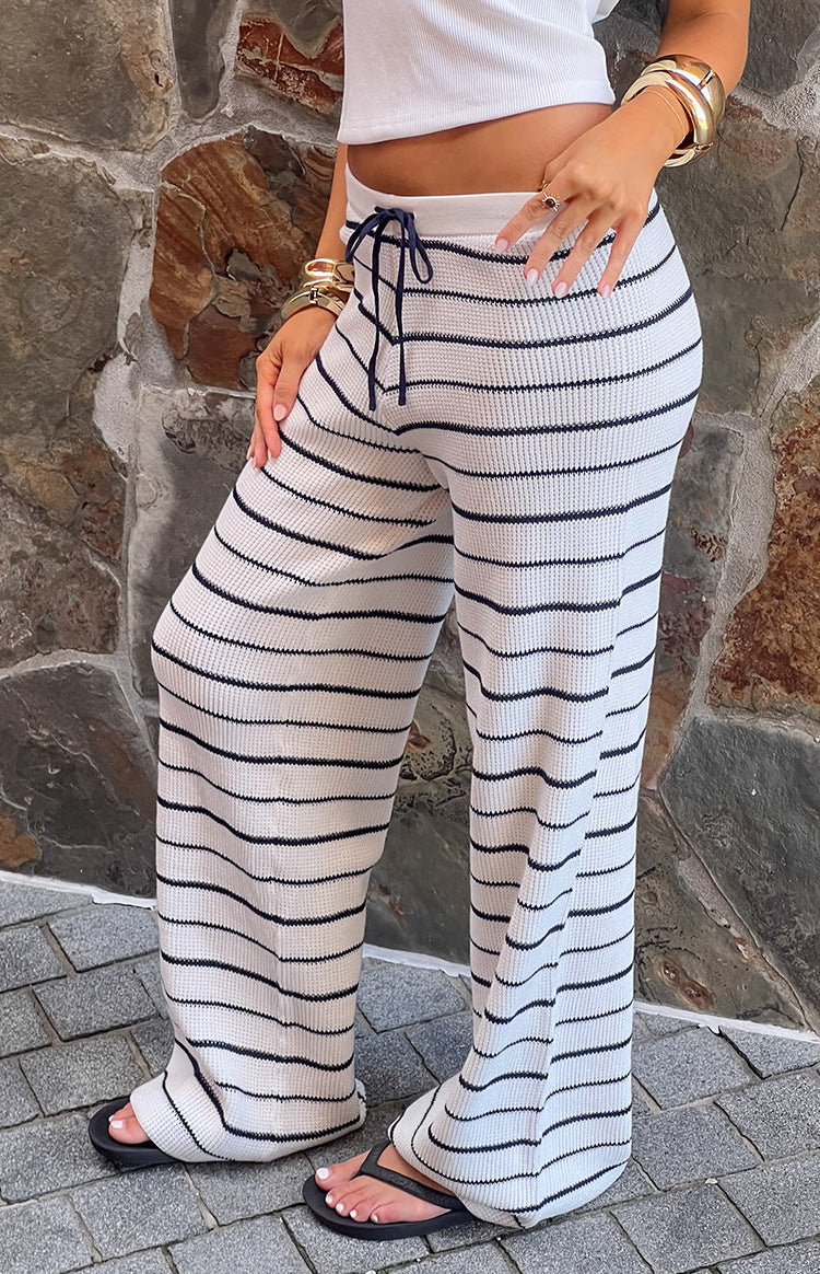 Beginning Boutique Maple White Navy Stripe Knit Pants white and navy horizontal stripe knit pants with a drawstring waist and