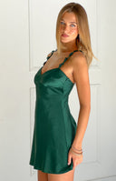 Beginning Boutique Marbelle Green Satin Mini Dress emerald satin V-neck mini dress with floral embellished spaghetti straps
