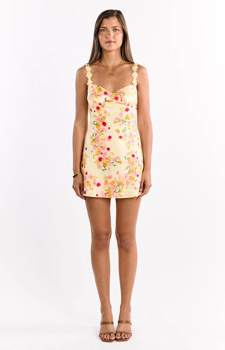 Marbelle Yellow Bloom Satin Mini Dress