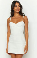 Beginning Boutique Marbelle White Mini Dress white sweetheart neckline mini dress with daisy embellished straps